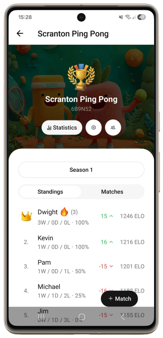 Office ping pong leaderboard rankings updating live in the Rankat app