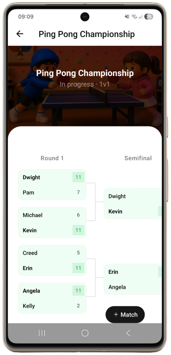 Single elimination tournament bracket in the Rankat app