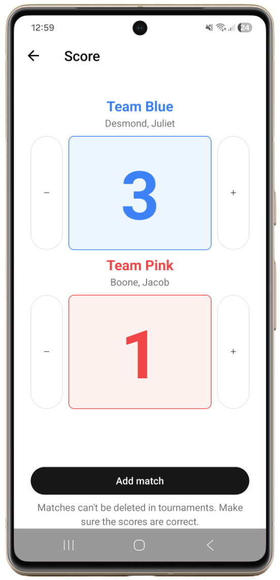 Recording a tournament match result in the Rankat ping pong tournament app