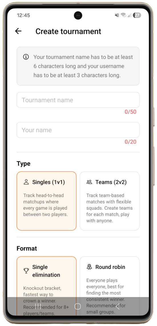 Creating a single elimination ping pong tournament in the Rankat tournament app