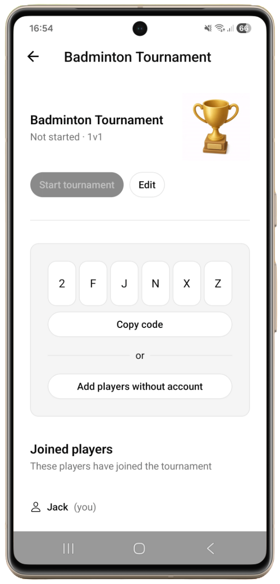 Sharing the join code and placing players into teams for a ping pong tournament in Rankat