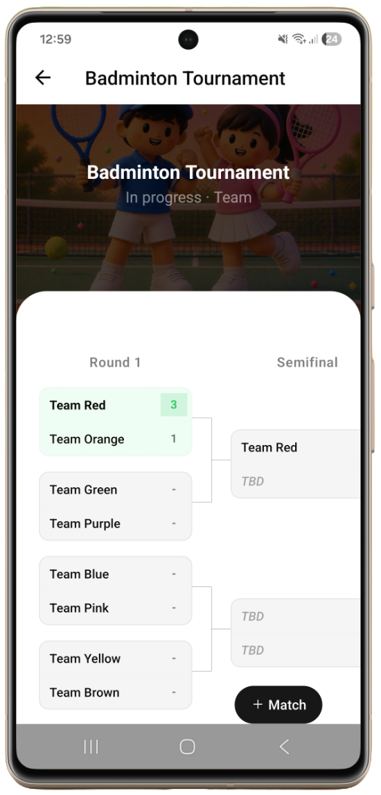 Single elimination ping pong tournament bracket in the Rankat app